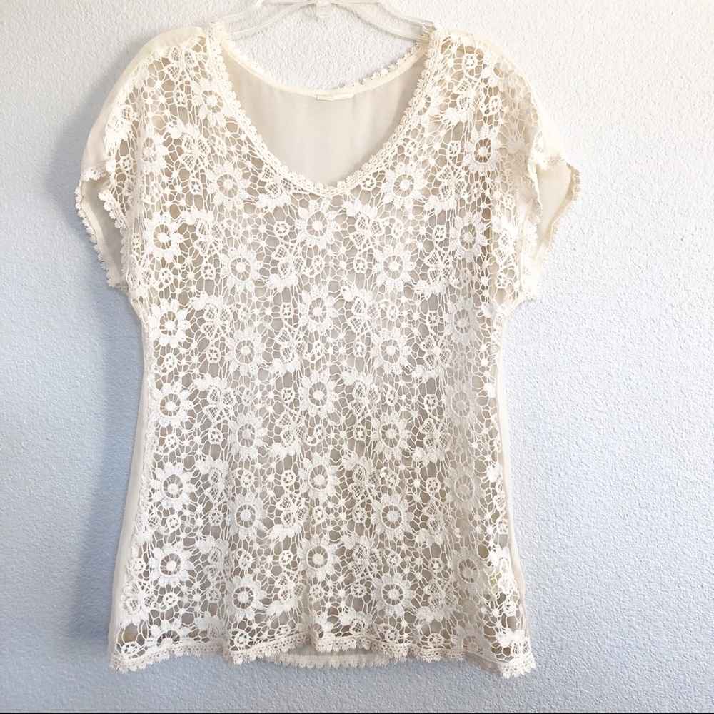 Floral Crochet Cream Sheer Top Sz Small